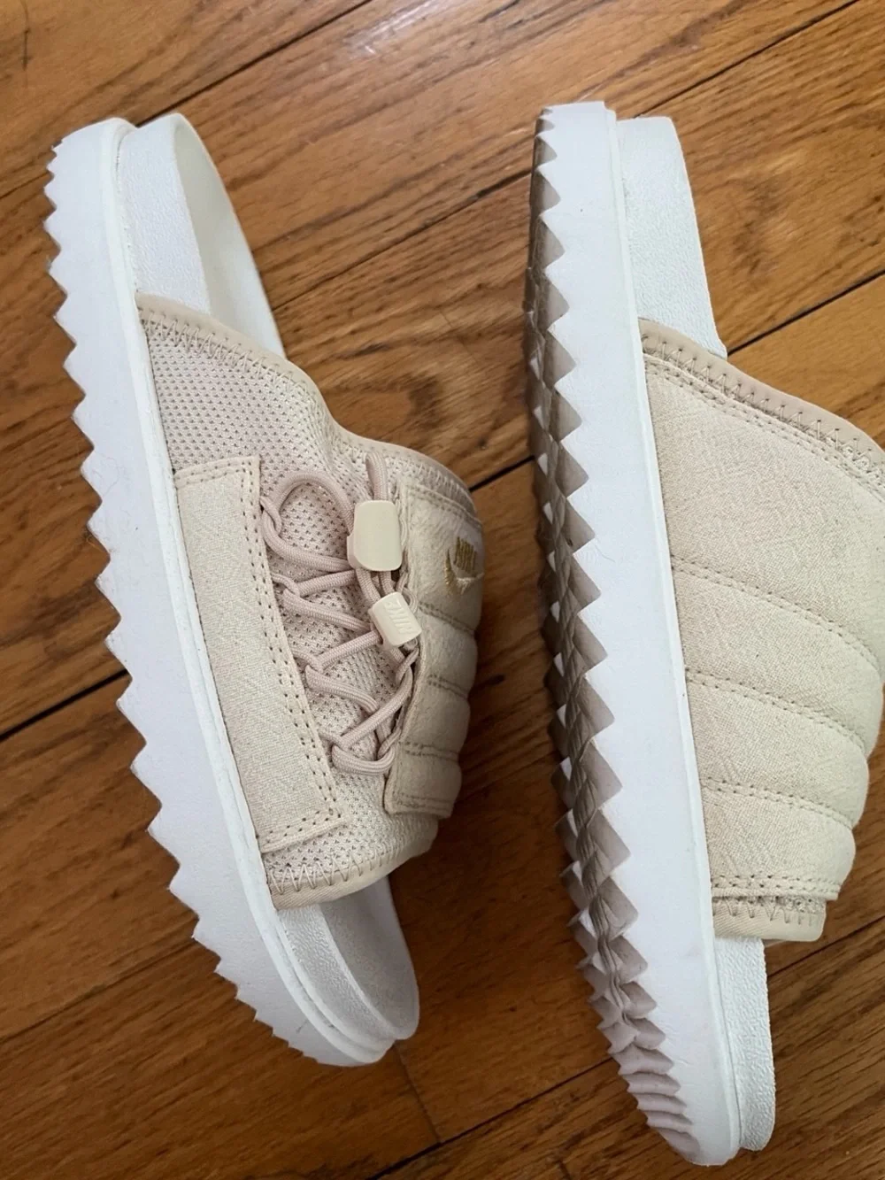 Nike Cream Quilted Slide Sandals with Gold Logo
